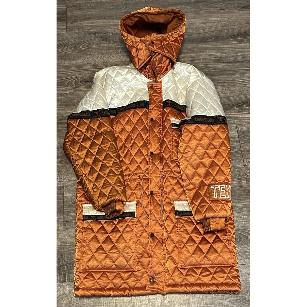 University of Texas Stadium Coat Jacket Quilted Sz L Zippered Hood UT Hook 'Em